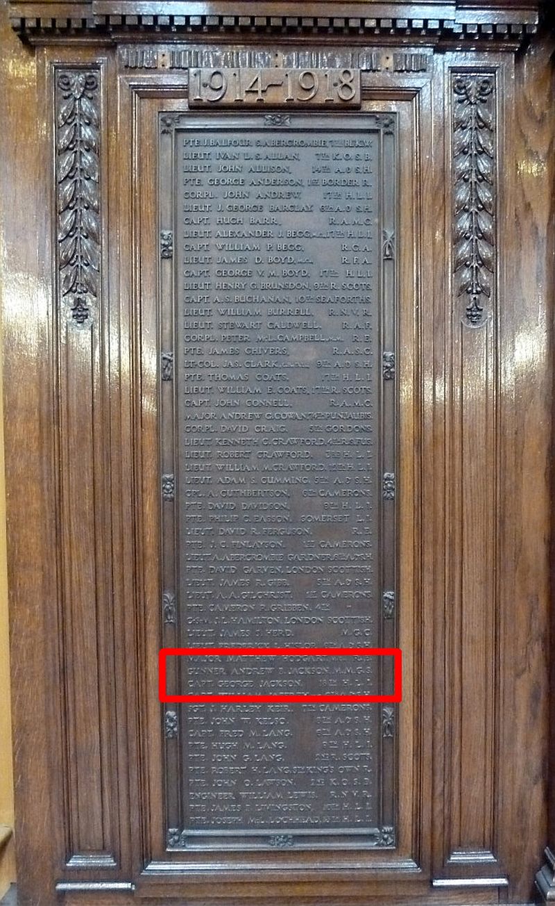 © Scotland's War Memorials modified by Gordon Masterton: Licensor: Gordon Masterton Jacksons Paisley Grammar memorial